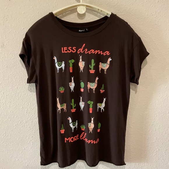 Cruel Denim Tops - Cruel Denim Graphic Tee Stretch “Less Drama More Llama” Brown Raw Hem Size L